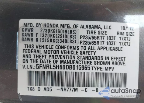 2013 Honda Odyssey Exl from USA, damaged, VIN 5FNRL5H60DB015965